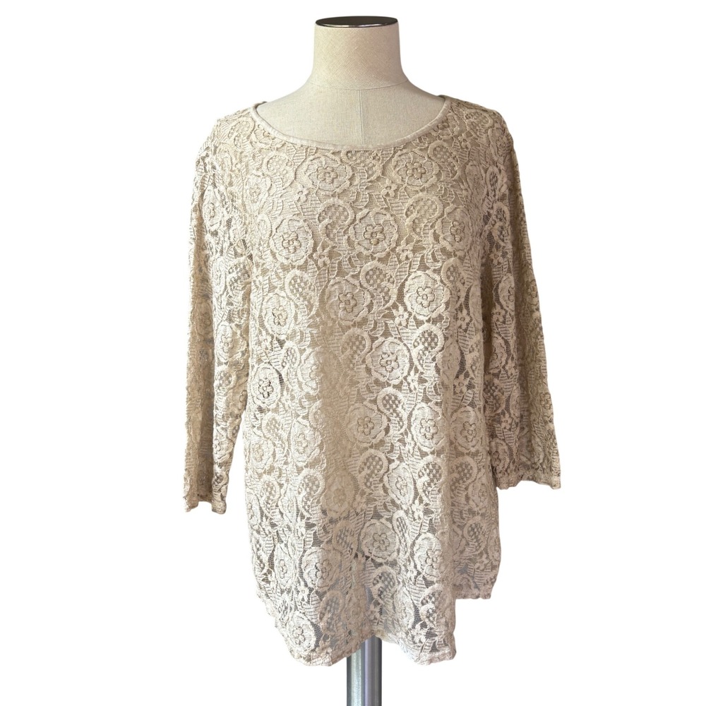 Chico's Women's 2 L Beige Floral Lace Tunic Top Boho Chic Romantic Long Sleeve